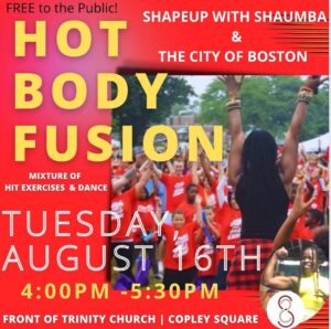 Hot Body Fusion poster with red background, multiple dancers raise hands.