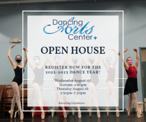Dancing arts center open house poster with multiple dancers in the background on pointe with their arms up
