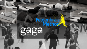 Feldenkrais & Gaga class poster with black and white photo of dancers exploring movement
