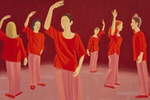 Alex Katz painting of six dancers with their right arms up. They are wearing red shirts, pink pants and red shoes in a maroon background.