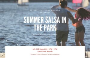 Summer Salsa in the Park poster with two dancers dancing with a river in the background