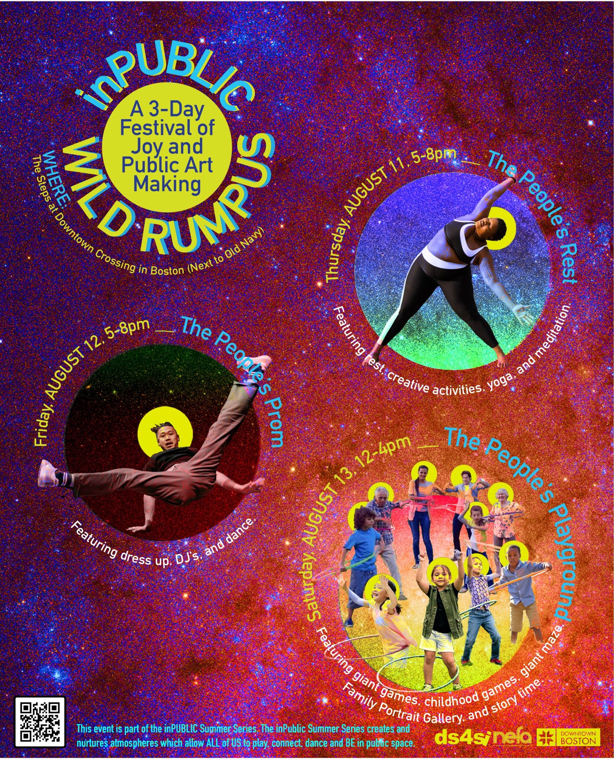 inPUBLIC poster with a mix of cold and warm colors and 3 circles with dancers in them, making different shapes with their bodies.