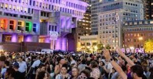 Crowd gathers at Town Hall to party outdoors