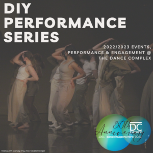 DIY Performance series poster with dancers in beige toned costumes and clack masks hold right hand to head and left hand to hip.