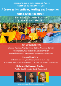 Poster with photo of many children with bright colored skirts dancing with instructors