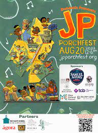 JP Porchfest poster with cartoons of multiple different people exploring different art forms and the logos of their sponsors