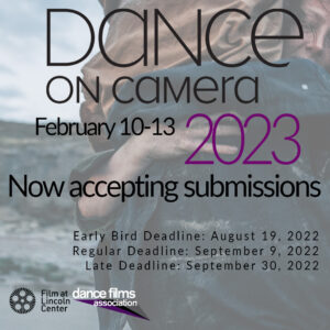 Dance on Camera Festival poster. Photo of dancers embracing with textured fabrics.