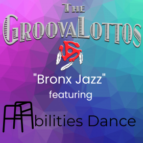 Purple, blue and green faded background with The GroovaLottos' and Abilities Dance's logos.