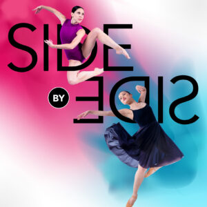 Side by side poster with pink and blue background and two dancers: one jumping with arms rounded towards their right and legs bend towards their left; another arching their back as they stand off balance on one leg.