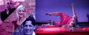 On the left, three headshots of Butoh Scholars. On the right, a dancer in a red dress rolls on the floor, with bent legs up and right side of chest on the floor.