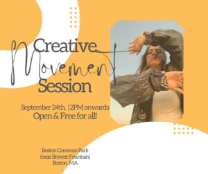 Creative Movement Sessions poster with photo of dancer with two arms in front of chest and face.