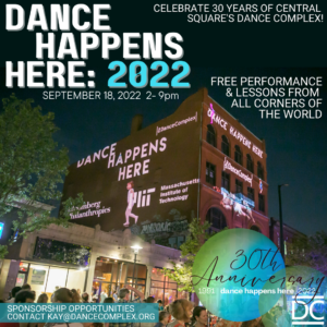 Dance Happens Here: 2022 poster with photo of the dance complex building with projections.