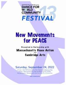 Dance for World Community poster with lilac peace sign as a background.