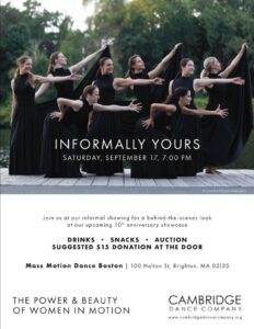 Informally Yours poster with even information and group of women dancers in black halter top long dresses pose, reaching their left arms out to their left side.