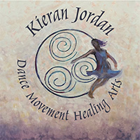 Kieran Jordan, Dance Movement Healing Arts logo: circle with 3 spirals in it and a dancer reaching right arm to the center of the circle and facing torso away from the circle.