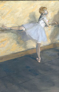 Degas painting of a ballerina at the barre holding a 90 degree arabesque.