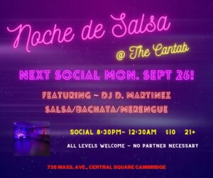 Noche de Salsa poster. Purple background with information displayed in neon light font.