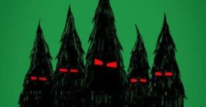 Cartoon of 5 black Christmas trees with red angry eyes on a green background