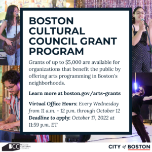 A flyer with a collage of images of musical performers and dancers at the Boston Cultural Council grantee reception.