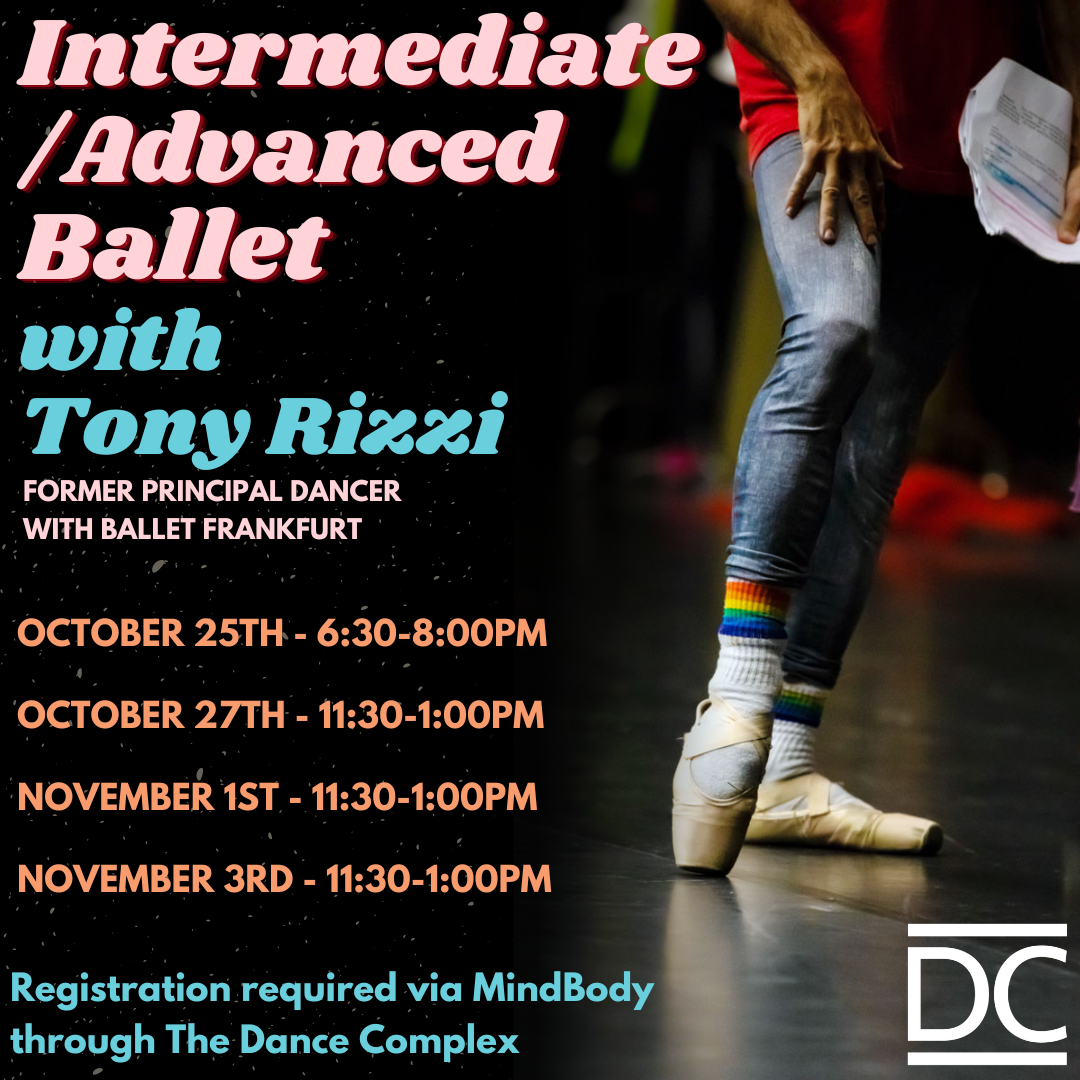 Class poster with class information over an image of a dancers legs. Right hand rests over right thigh, as right knee is slightly bent. Dancer wears pointe shoes.