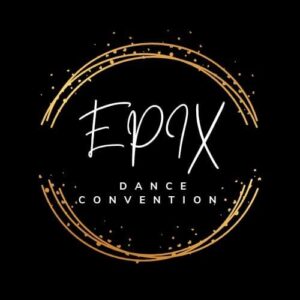 EPIX Dance Convention written in white in the center of a golden circle over a black background.