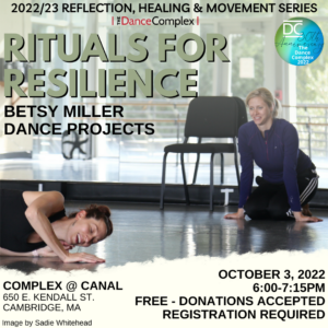 Rituals for Resilience poster with information on the event and a photo of Betsy Miller kneeling and watching another dancer roll on the floor. They are both smiling.
