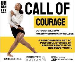 Urbanity poster for "Call of Courage" with a dancer in a deep lunge and arms crossed in front of her torso.