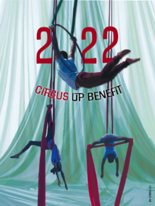 Illustration of three circus acrobats, one in the top center swinging on a lyra, two others, lower and on either side, hang on their own silks.