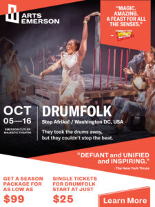 Drumfolk poster with photo of dancer on stage raising one arm and stomping on the floor to create rhythm.