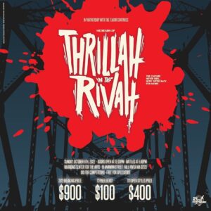 Thrillah in the Rivah poster with event information over a dark background and a splash of red in the center.