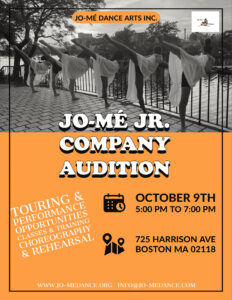 Jo-Mé Jr. Company Audition poster with audition information over an orange background and a photo of six dancers facing a river, holding on to the rail and lifting their rightv legs straight behind them.