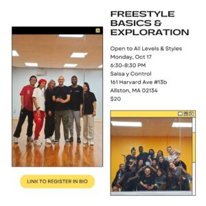 Freestyle Basics & Exploration poster with 2 group photos taken on the mirror of a studio.