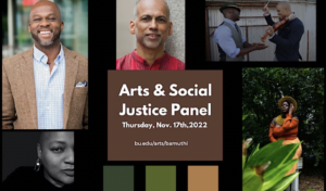 Collage of five photos of features speakers for the Arts & Social Justice Panel