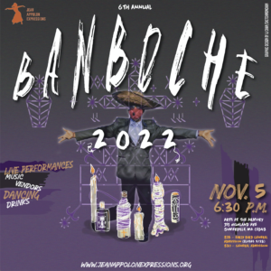 Banboche poster with purple background and man figure with arms out to the sides like a T. Man wears a straw hat, a red mask and a suit and is surrounded by candles