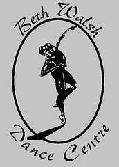 Illustration od a dancer in the center of an oval holding a passé on pointe and reaching one arm up on a diagonal.