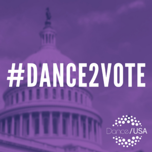 Photo of the top of the White House with a purple filter over it and "#dance2vote" written in white.