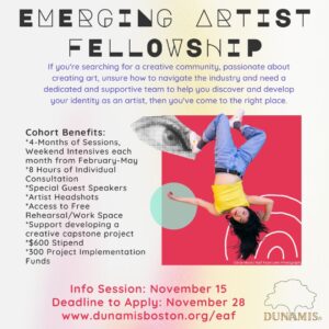 Emerging Artist Fellowship poster with a photo of dance artist Cassie Wang upside down with legs bent, right arm bent over head, and left arm long by her side