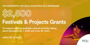 Banner for Festivals & Projects Grants with image on the lower right corner of a person on stage, sitting with one leg bent and one extended holding a sheet of paper and a microphone.