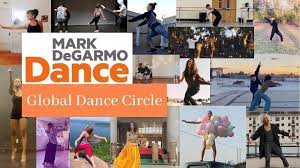 Collage of multiple images of dancers in different scenarios dancing different styles of dance as a background fior the Mark DeGarmo Dance logo.