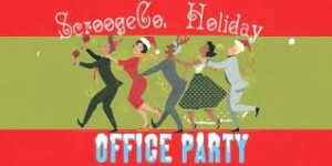 Graphic with red banner reads ScroogeCo. Holiday Office Party and shows five line dancers in different holiday hats (Santa, reindeer etc.)