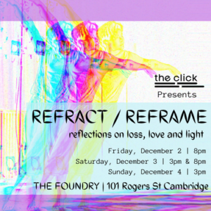 Refract/Reframe poster with event information displayed over colorful edit of a photo of Olivia Moon reaching one arm up and one arm out to the side while crossing legs.