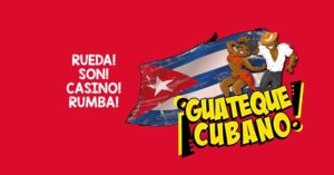Red background for Cuban flag illustration with two dancers and "Rueda! Son! Casino! Rumba! Guateque Cubano!" written on it.