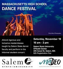 MA high school dance festival poster with image of large group of dancers recahing arms up holding another dancer on their back with arms out in a T shape.