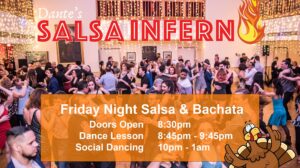 Ballroom filled with people dancing and Dante's Salsa Inferno information over the photo.