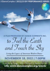 Poster with collage of blue sky with few white clouds, grass at the bottom and in between two dancers in dresses; one rests on their back in a passé and the other jumps with one leg lifted behind them as they look up.