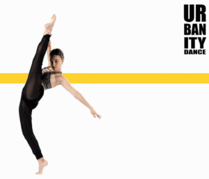 Dancer on forced arch extends one leg up and holds onto ankle with one hand while extending the other arm on a low diagonal