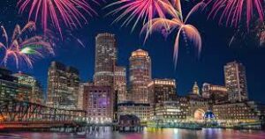 Boston skyline with fireworks