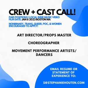 Crew + Cast Call poster with call information over white and blue background.