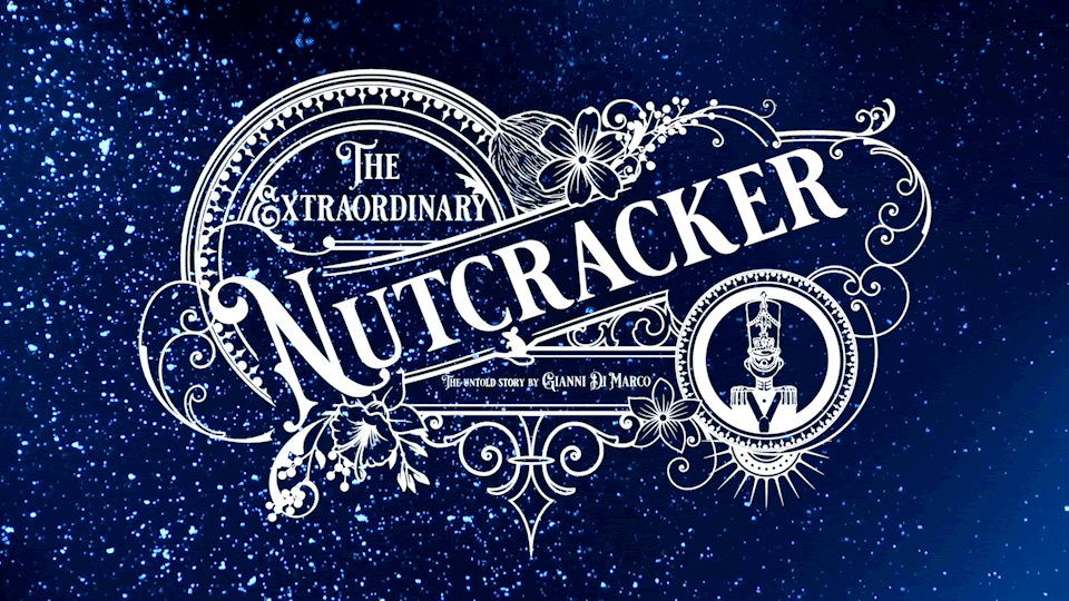 Ornate white graphic announcing The Extraordinary Nutcracker with image of Nutcracker prince in circle, all against a dark blue background with animated white snow falling