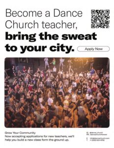 Dance Church teacher flyer with photo of crowd dancing.